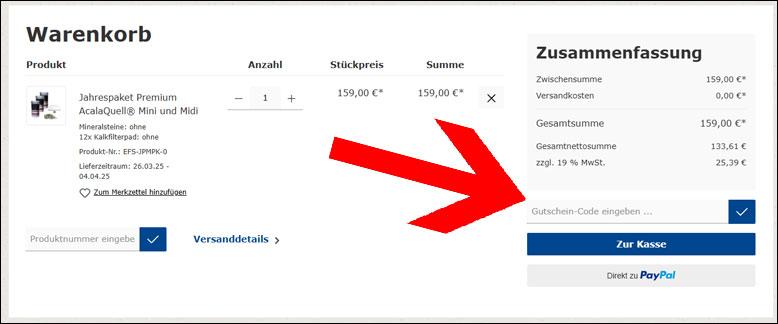Den Gutschein im Warenkorb einlösen Den Acala Gutscheincode im Warenkorb einlösen