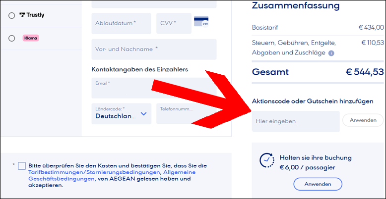 Den Aegean Airlines Coupon am Ende der Buchung einlösen