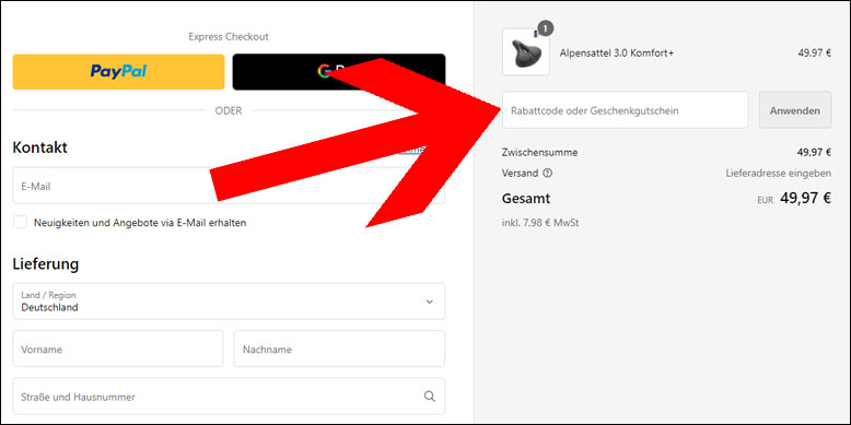 Den Gutschein an der Kasse einlösen Den Alpensattel Rabattcode an der Kasse einlösen