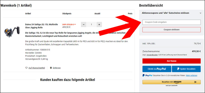Den Rabattcode im Warenkorb einlösen Den AM Angelsport Gutschein im Warenkorb einlösen