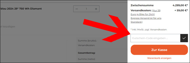 Den Gutschein im Warenkorb einlösen Den Bike-Angebot Gutschein im Warenkorb einlösen