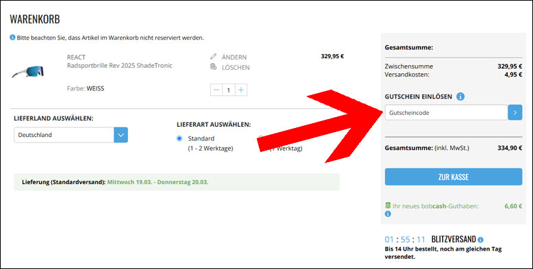 Den Rabattcode im Warenkorb einlösen Den Bobshop Gutschein im Warenkorb einlösen