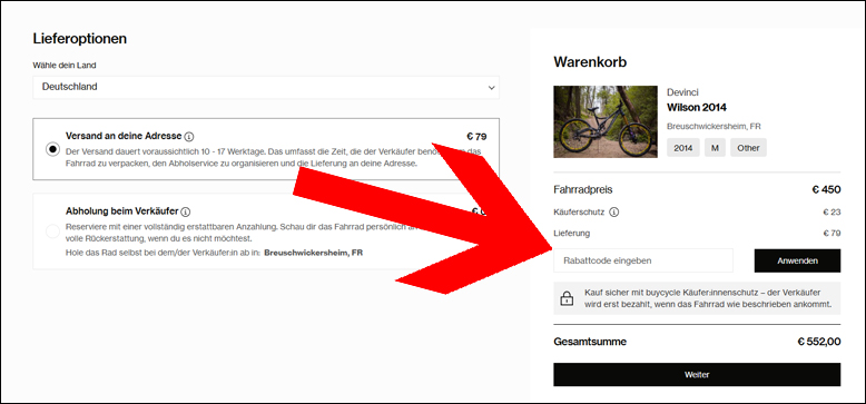 Den Code im Warenkorb eingeben Den buycycle Rabattcode im Warenkorb eingeben