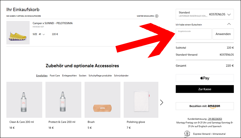 Den Camper Gutschein im Warenkorb einlösen