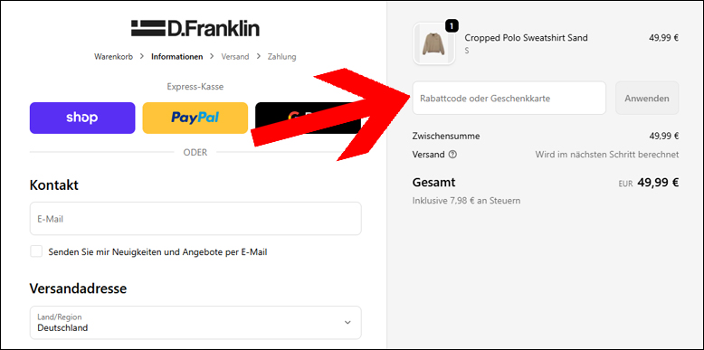 Den D.Franklin Rabatt Code an der Kasse einlösen