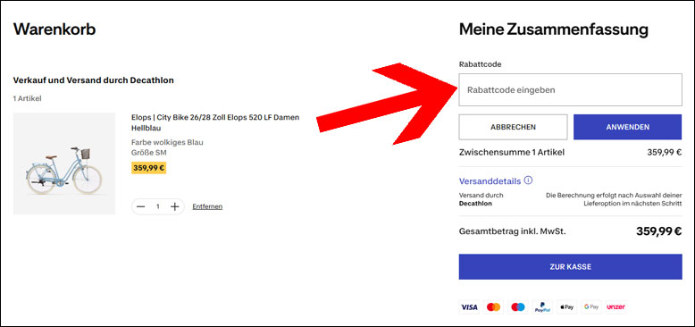 Den Rabattcode im Warenkorb einlösen Den Decathlon Rabatt im Warenkorb erhalten