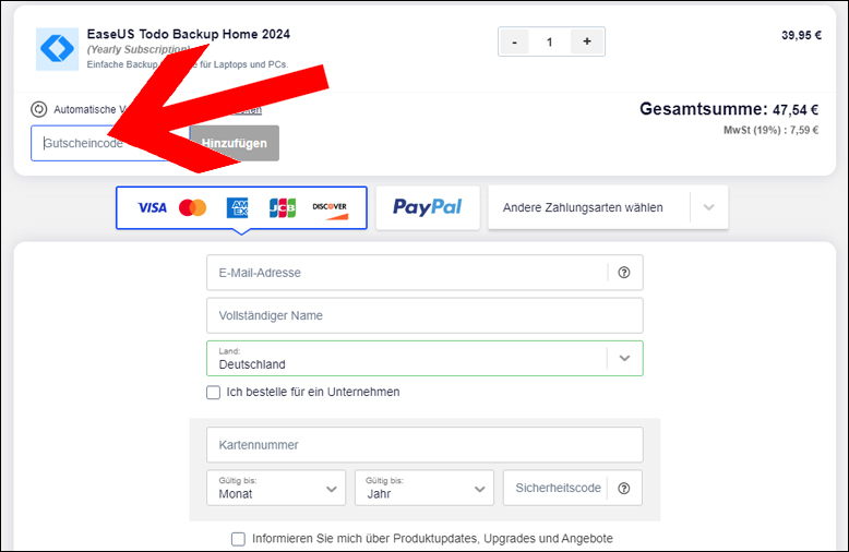 Den Gutscheincode im Laufe der Bestellung einlösen Den EaseUS Gutschein im Laufe der Bestellung einlösen