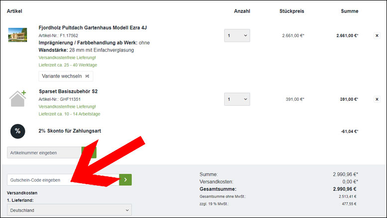 Den Gutscheincode im Warenkorb einlösen Den Gartenhausfabrik Gutschein im Warenkorb einlösen
