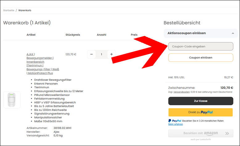 Den Gutscheincode im Warenkorb einlösen Den IhrSchutz24 Gutschein im Warenkorb einlösen