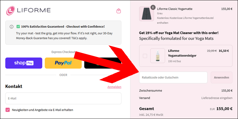 Den Gutschein an der Kasse eingeben Den Liforme Rabattcode an der Kasse eingeben