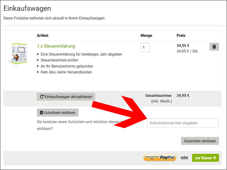 Den Gutscheincode im Warenkorb einlösen Den Lohnsteuer Kompakt Gutschein im Warenkorb einlösen