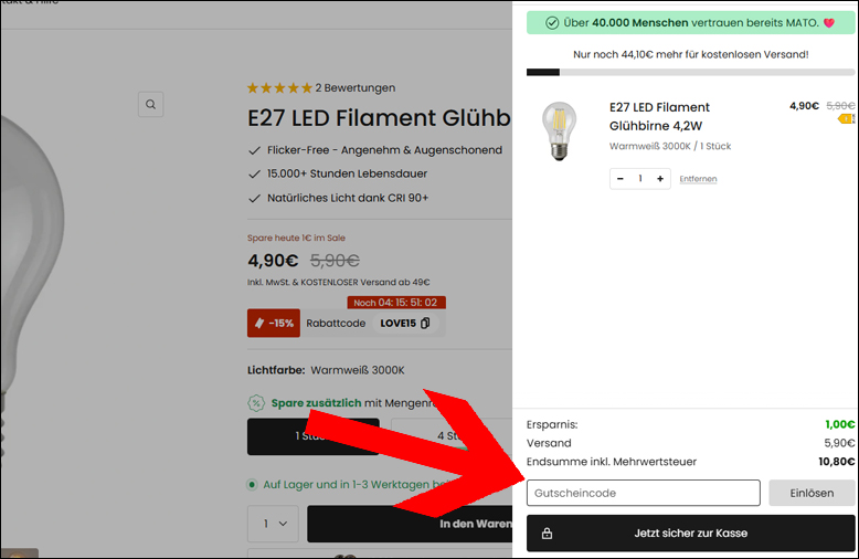Den MATO Lighting Rabattcode im Warenkorb einlösen