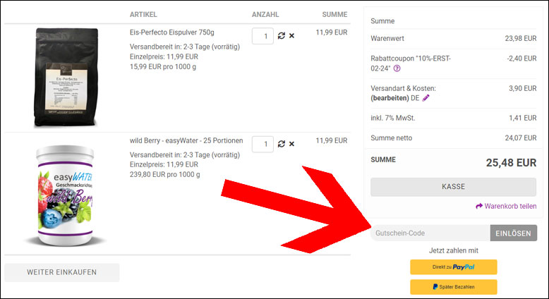 Gutscheincode im Warenkorb einlösen Den Movito Gutschein im Warenkorb einlösen