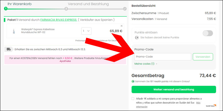 Den Gutscheincode im Warenkorb einlösen Den PromoFarma Gutschein im Warenkorb einlösen