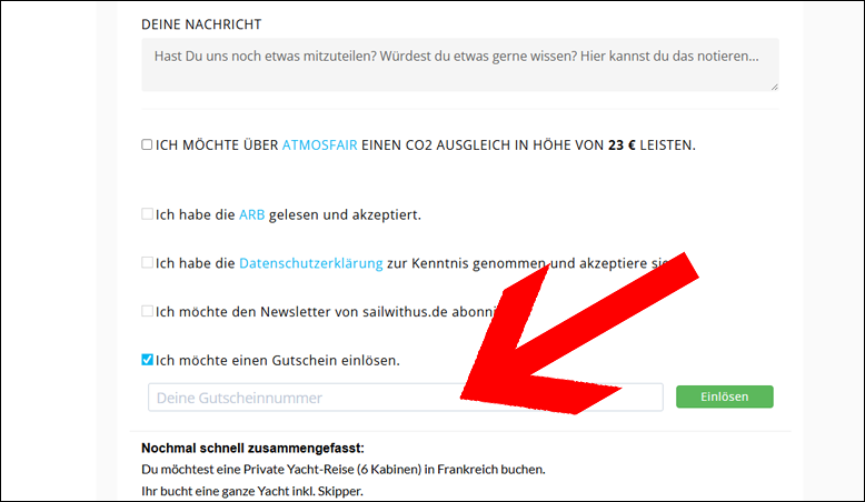 Den Gutscheincode im Laufe der Bestellung einlösen Den sailwithus Gutschein im Laufe der Bestellung einlösen