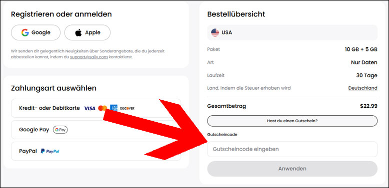 Den Gutschein an der Kasse einlösen Den Saily Deal an der Kasse einlösen
