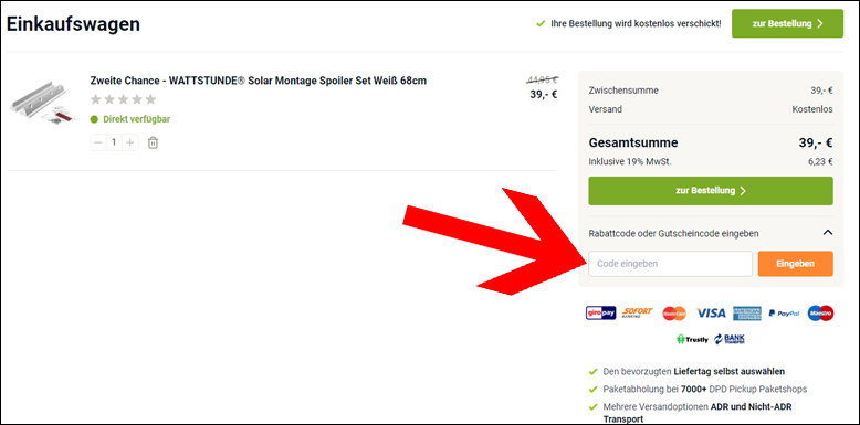 SolarPowerSupply Gutschein im Warenkorb einlösen Den SolarPowerSupply Rabattcode im Warenkorb einlösen