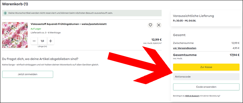 Den Gutscheincode im Warenkorb einlösen Den Stoffe.de Gutschein im Warenkorb einlösen