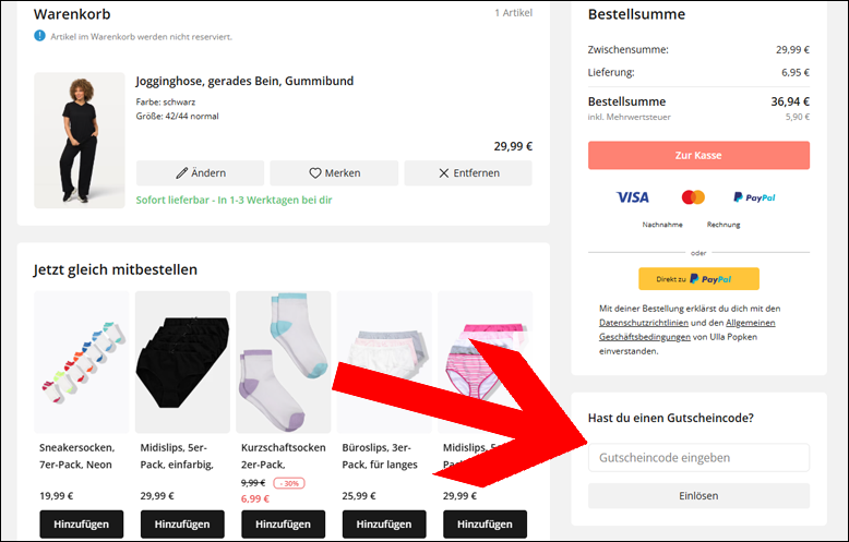 Den Rabatt Code im Warenkorb einlösen Den Ulla Popken Gutschein im Warenkorb einlösen