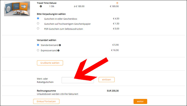 Den Gutscheincode im Warenkorb einlösen Den Urlaubsbox Gutschein im Warenkorb einlösen