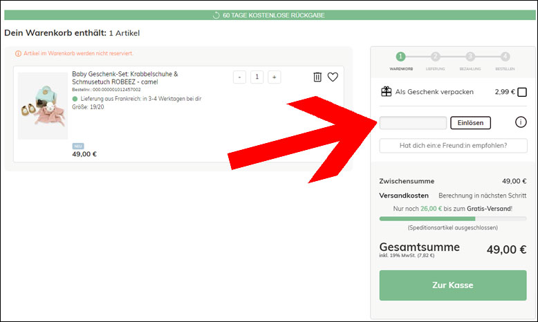 Den Gutscheincode im Warenkorb einlösen Den Vertbaudet Gutschein im Warenkorb einlösen