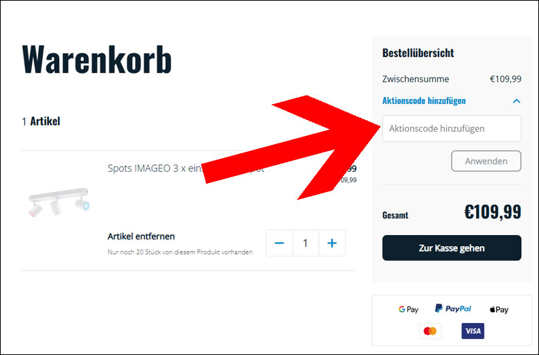 Deinen Code kannst du im Warenkorb einlösen Den WiZ Coupon im Warenkorb einlösen