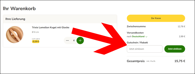 Den Rabattcode im Warenkorb einlösen Den zooplus Gutschein im Warenkorb einlösen