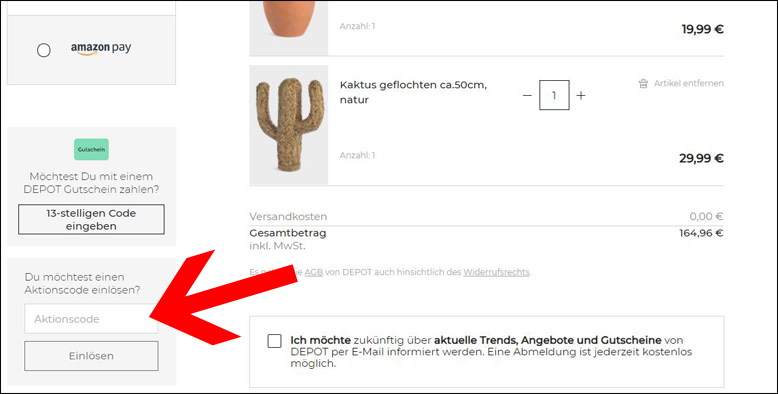 Eine DEPOT Aktion nutzt du, indem du deinen Code an der Kasse eingibst Den DEPOT Gutschein an der Kasse einlösen