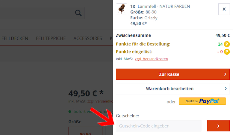Den Gutscheincode hier einlösen Einen Der-Fellmann Gutschein im Warenkorb einlösen