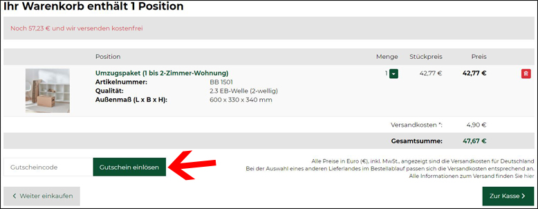 Bei der-UmzugsShop.de wird ein Coupon im Warenkorb eingelöst Bei der-UmzugsShop.de wird ein Gutschein im Warenkorb eingelöst