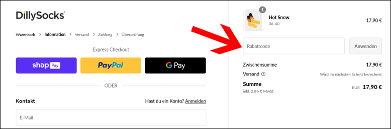 Code im Checkout einlösen DillySocks Gutscheincode an der Kasse eingeben