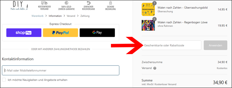 Rabattcode hier eingeben DIY Malen nach Zahlen Rabattcode im ersten Zahlungsschritt einfügen