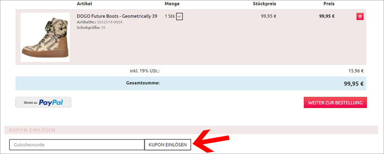 Gutscheincode hier eintragen DOGO Gutschein im Warenkorb einlösen