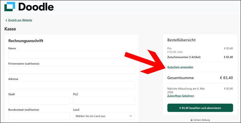 Code an der Kasse eingeben Den Doodle Rabattcode an der Kasse einfügen