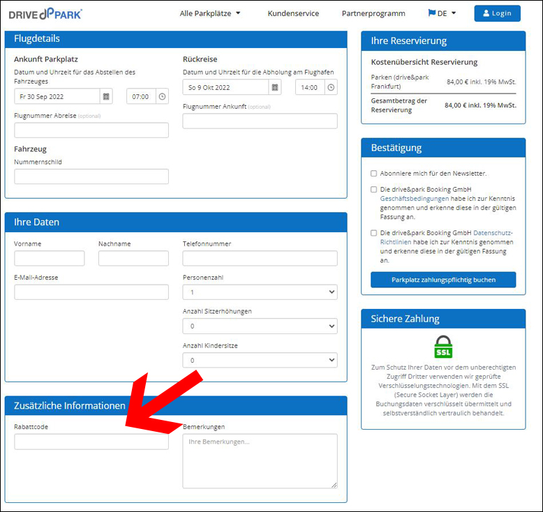 Gutscheincode während der Buchung eingeben drive&park Rabattcode während der Buchung eingeben