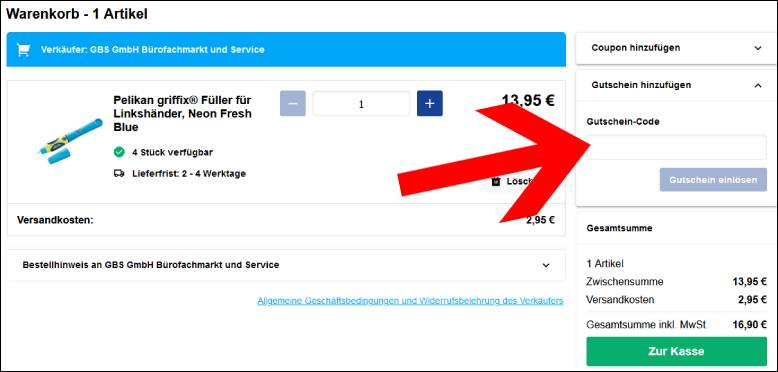 Gib den Gutscheincode ein Einen duo-Shop Gutschein im Warenkorb einlösen