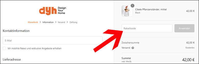 Rabattcode im Warenkorb einlösen Design Your Home Gutschein im Warenkorb einlösen
