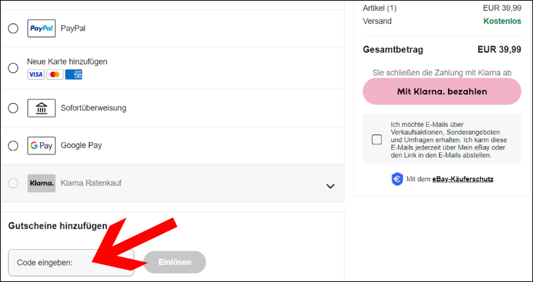Code im vorgegeben Feld einlösen eBay Gutschein im Bestellverlauf einlösen