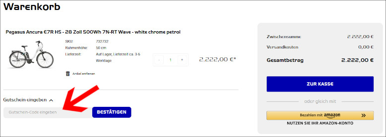 Deinen EBike-24 Gutscheincode kannst du im Warenkorb verwenden Den EBike-24 Gutschein im Warenkorb verwenden
