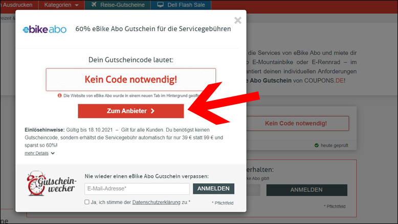 Rabatt mit einem Klick auf den Coupon aktivieren eBike Abo Gutschein einlösen