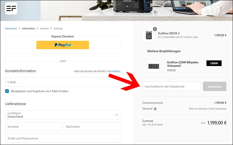 Deinen EcoFlow Gutscheincode kannst du an der Kasse eingeben EcoFlow Gutschein im Warenkorb einlösen