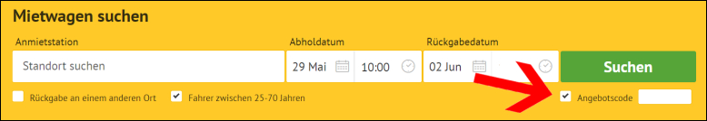 Gib deinen Code hier ein Wende deinen Economy Bookings Coupon direkt ich Feld für die Mietwagensuche an
