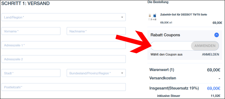 Rabattcode hier eingeben Deinen ECOVACS Gutschein im Zahlvorgang einlösen