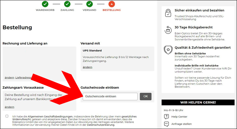 Rabattcode hier eingeben Edel-Optics Gutschein im letzten Bestellschritt einlösen