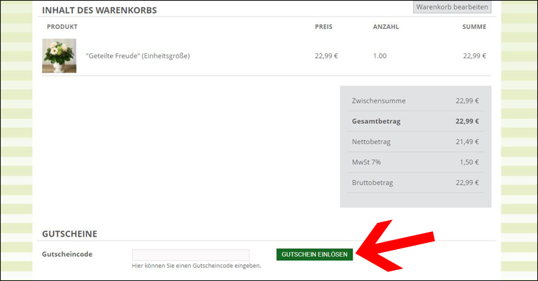 Rabattcode hier eingeben Blumenversand Edelweiss Gutscheincode im Bestellprozess eingeben