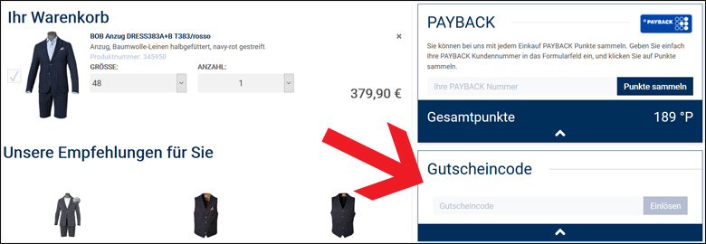 Gib den herrenausstatter Gutscheincode in das Feld ein Im Warenkorb den herrenausstatter Gutschein einlösen
