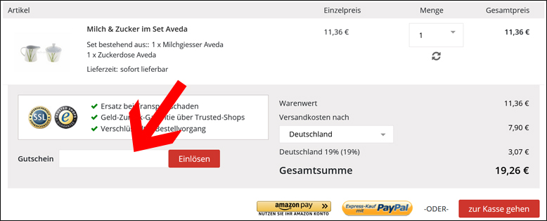 Den Einfach-Online.de Gutscheincode in das Feld eingeben Einen Einfach-Online Gutschein im Warenkorb einloesen