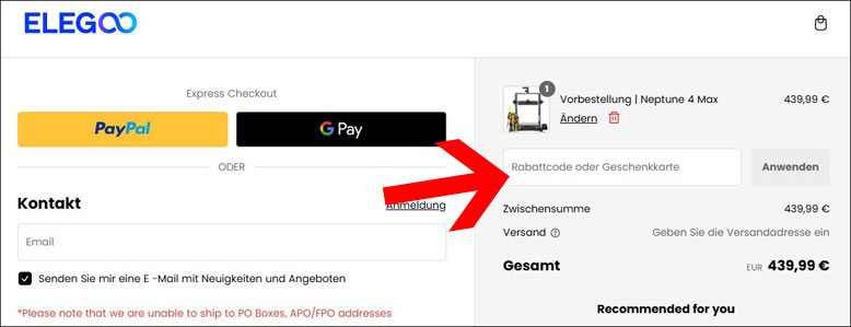 Im Warenkorb den Elegoo Rabattcode eingeben Den Elegoo Rabattcode im Warenkorb eingeben