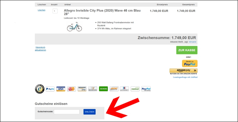 Hier kannst du deinen Code eingeben Löse deinen Elektrofahrrad-einfach.de Gutschein im Warenkorb ein