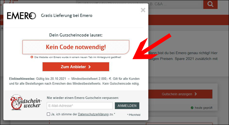Direkt zum Anbieter weiterleiten lassen Emero Gutschein anzeigen lassen